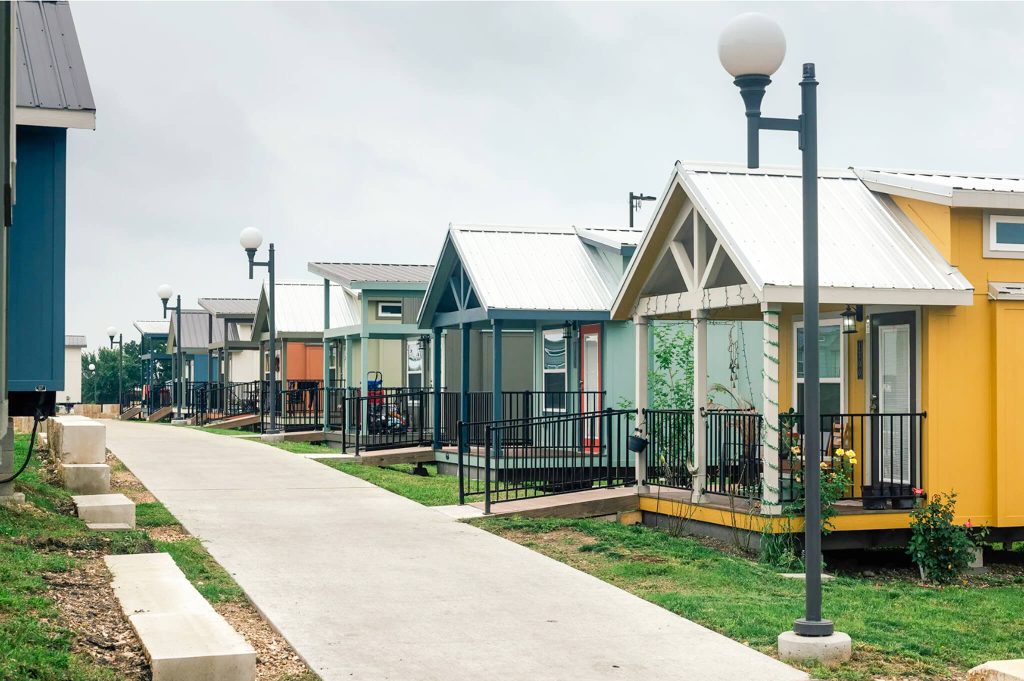 Tiny homes used as residences at Community First! Village in Austin, Texas. 
Credit: Photo by Jordan Vonderhaar for CalMatters

