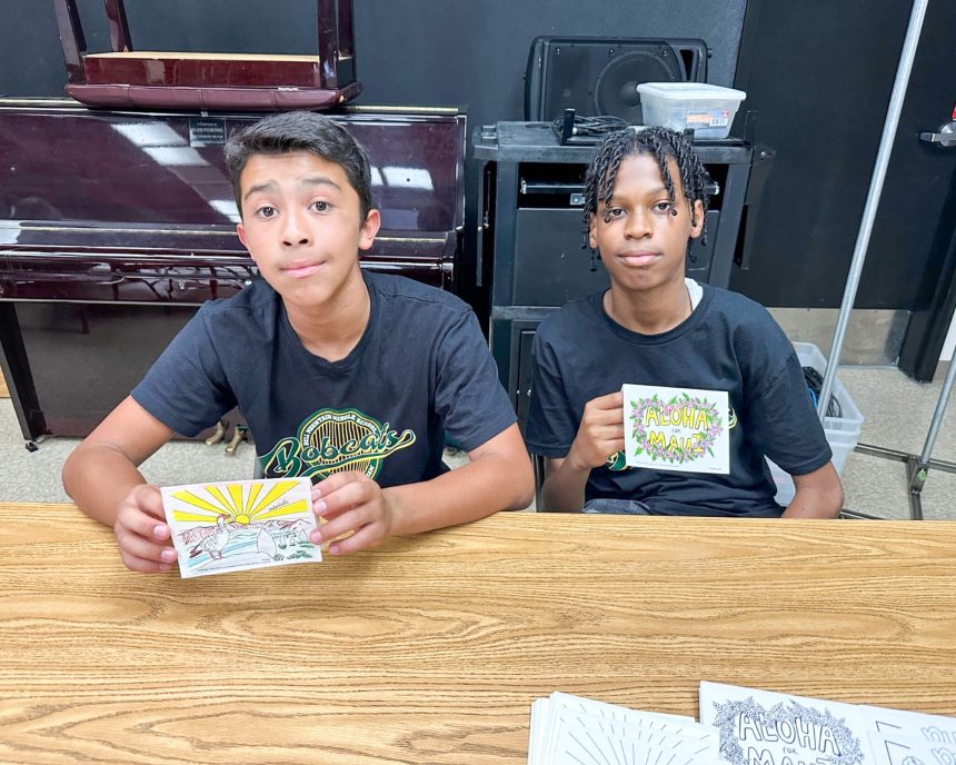 Menifee Students. Andrew Romero and Kody Nowling creating cards for students impacted by the Lahaina Fire Credit: MUSD