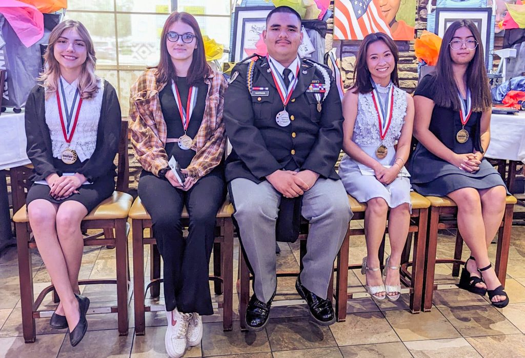 Students of the Year. winners from left to right - Abigail Nering, Perris High School; Cherylann Burke, Perris Lake High School; Carlos Santana Ayala, California Military Institute; Meagan Macatangay, Paloma Valley High School, and Alice Pitts, Heritage High School.