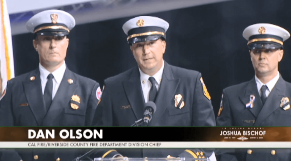 (L-R) Corona Deputy Fire Chief Justin McGough, Riverside County Division Chief Dan Olson, Riverside County Division Chief Lonny Olson
Credit: Cal Fire
