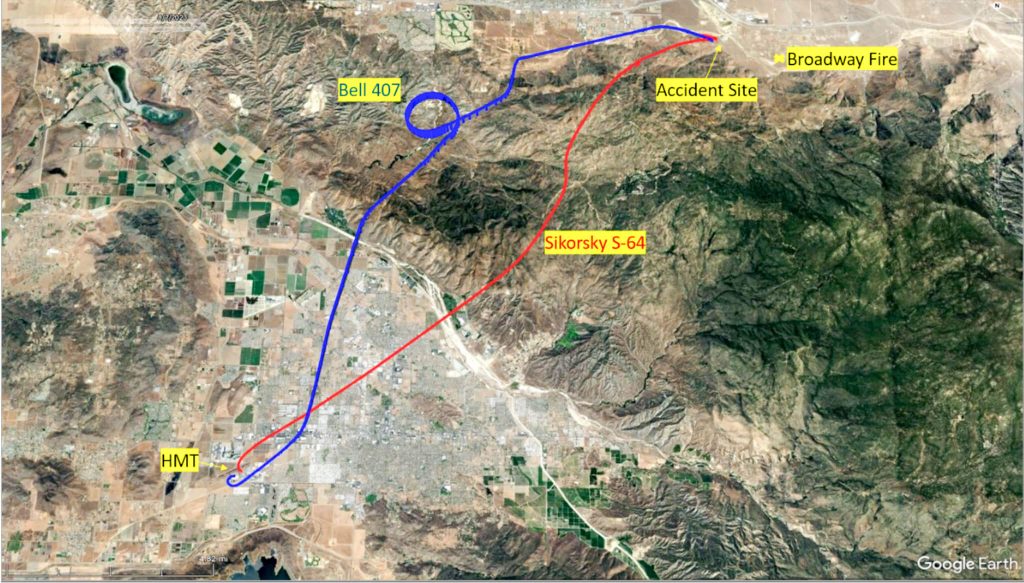 Cal Fire Sikorsky Tire May Have Hit Bell Rotor Blade

RIVERSIDE - Combined Sources – In a very preliminary report that describes the initial physical evidence found in the aftermath of the Cal Fire mid-air helicopter collision that claimed three lives last month, it appears possible that the landing gear of the larger Sikorsky aircraft may have collided with the main rotor of the smaller Bell chopper below it.. Overlay of Bell and Sikorsky ADS-B Flight Path on Google Earth terrain map Credit: NTSB