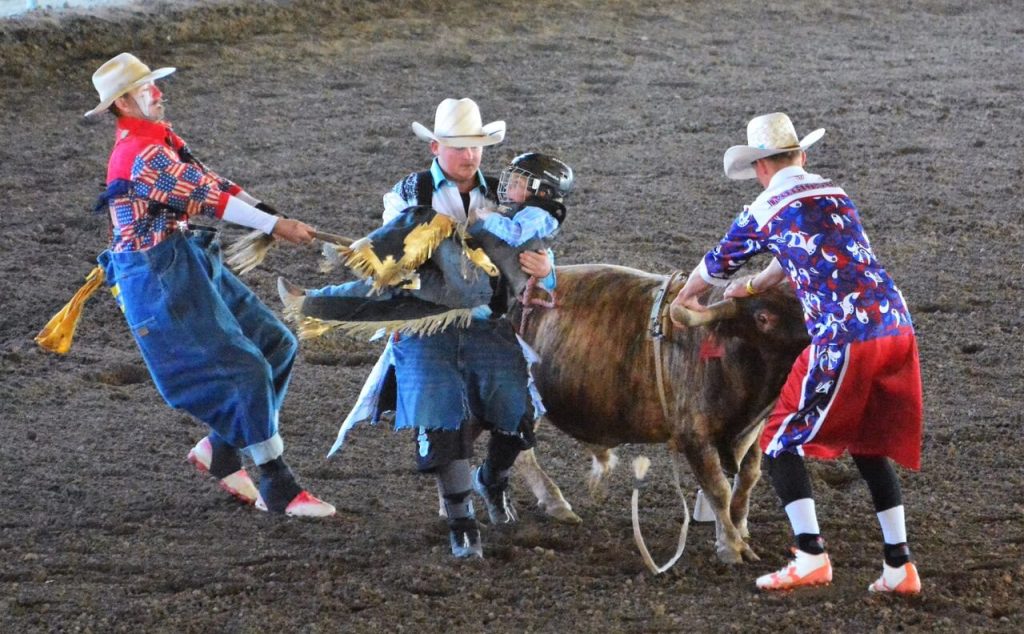 Rodeo clowns get a young rider off a steer that just stopped moving.
Credit: Photo by Gary Evans
