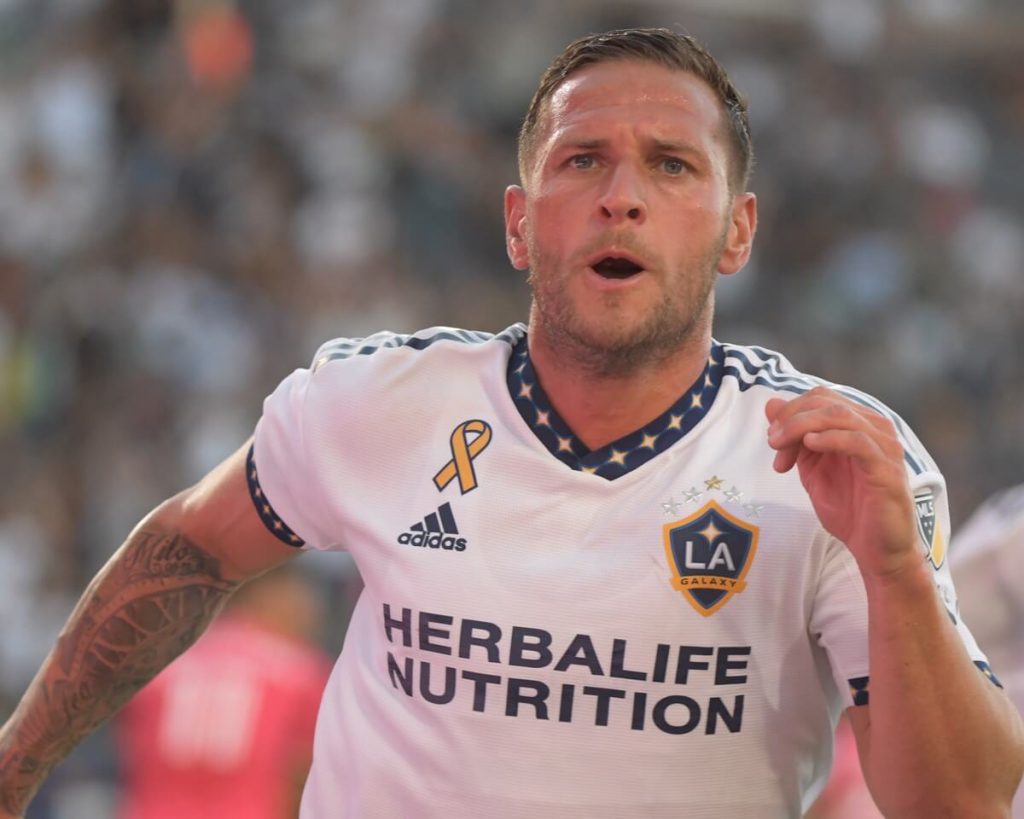 Los Angeles Galaxy's Billy Sharp celebrities game-tying goal that helped his team draw even with St. Louis, in a 2-all final Sunday, at the Dignity Health Sports Park in Carson.
Credit: Photo by Jerry Soifer

