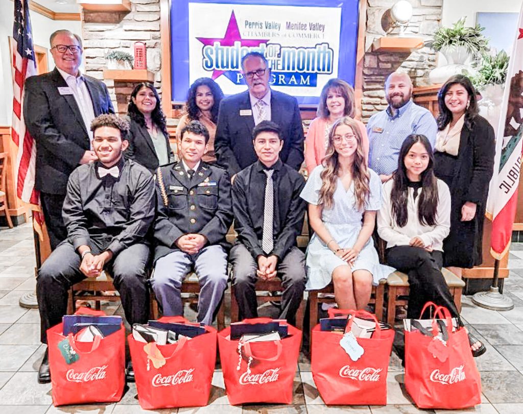 Students of the Month. Front Row (L-R): Charles Ferguson, Jr., Perris High School; Omar Macias, California Military Institute; Andrew Ordiano, Paloma Valley High School; Morgan Tamm, Liberty High School; and Mariah Logan, Heritage High School. . Back Row (L-R): Kirk Skorpanich, Menifee Chamber of Commerce; Elizabeth Vallejo, County Office of Education/ PUHSD Trustee; Nancy Salazar, Perris City Clerk; PUHSD Supt. Grant Bennett; Menifee Councilmember Lesa Sobek; Jerry Sepulveda, Perris Chamber of Commerce; and Alejandra Herrera, Riverside County Office of Education.