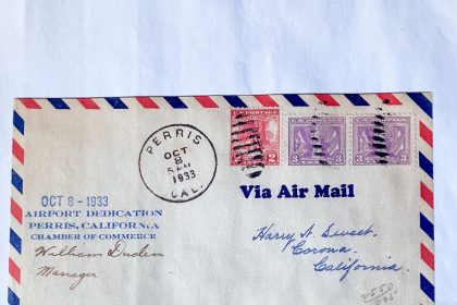 1933 envelope found on eBay, by Perris Valley Historical Society President Katie Keyes commemorating the opening of what is now the Perris Valley Airport. Credit: Pat Conatser