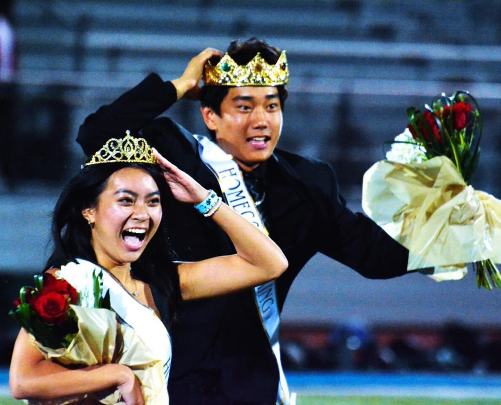 Santiago’s Tina Ngo and Ryan Kim react after being crowned Homecoming Queen and King during an exciting halftime presentation last Friday night.