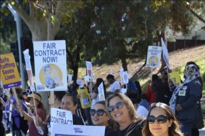 Health care providers at Moreno Valley Hospital were among the 75 thousand workers in 6 states and the District of Columbia participating in a three-day walkout at Kaiser Permanente facilities. Credit: Photo by Marc Danielian