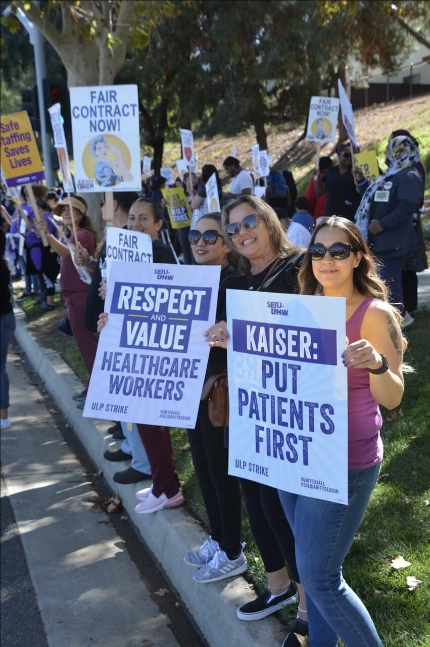 Health care providers at Moreno Valley Hospital were among the 75 thousand workers in 6 states and the District of Columbia participating in a three-day walkout at Kaiser Permanente facilities. Credit: Photo by Marc Danielian