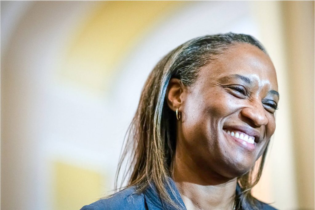 Laphonza Butler. U.S. Sen. Laphonza Butler, Democrat from California, smiles during the weekly Senate Democrat leadership press conference at the U.S. Capitol, in Washington, D.C., on Oct. 4, 2023. Credit: Photo by Graeme Sloan/Sipa USA, Reuters