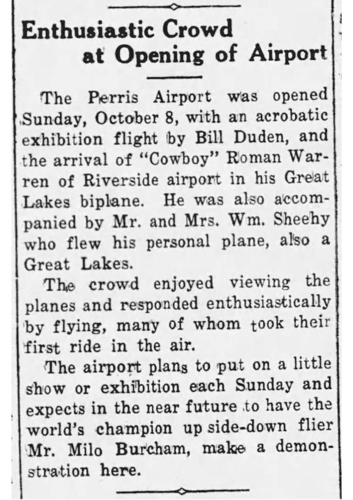 : October 12, 1933 edition of The Perris Progress, announcing perris Airport Opening

Photo: Pat Conatser
