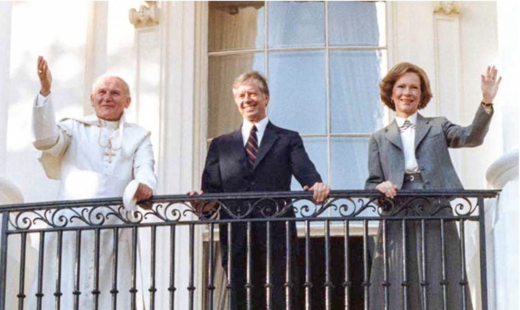 October 29. In 1979, Pope John Paul II became the first pontiff to visit the White House. Where he was welcomed by President Jimmy Carter and his wife Rosalynn Carter. Credit: U.S. Embassy to the Holy See