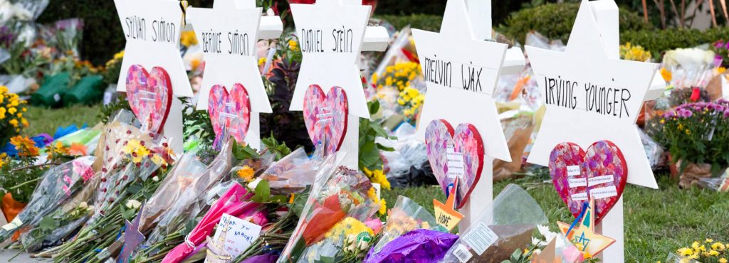 October 27. A memorial outside the Tree of Life Synagogue in Pittsburgh to remember the victims of the mass shooting on October 27, 2018.  Credit:  Official White House Photo by Andrea Hanks