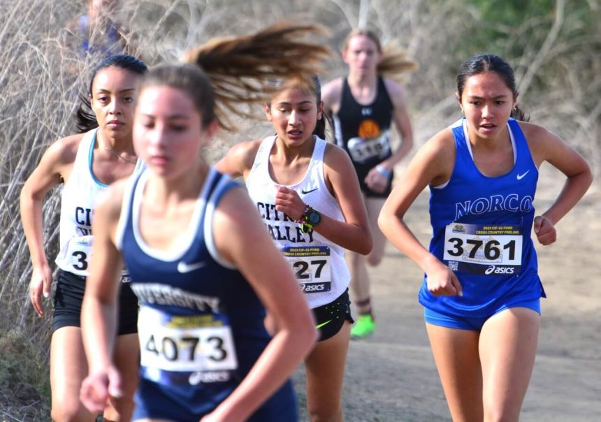 Norco’s Natalie Conde runs in the 3 Mile run at the CIF Prelims last weekend at Mt. San Antonio College Conde qualified for the finals this weekend by running the Cal Poly course in 18:44.5. Credit: Photo by Gary Evans