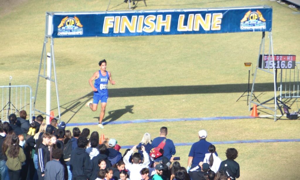 Norco’s Ben Rippe runs in the 3 Mile run at the CIF Prelims last Friday at Mt. San Antonio College.  Rippe qualified for the finals this weekend by running the Cal Poly course in 15:16.6. Recently, Rippe shattered a Norco High 3 mile run record held since 1978 by former Norco standout Mike Melendez.  Melendez’s previous record run was 14:44.  Rippe’s new time was 14:32:18. 
Credit: Photo by Gary Evans
