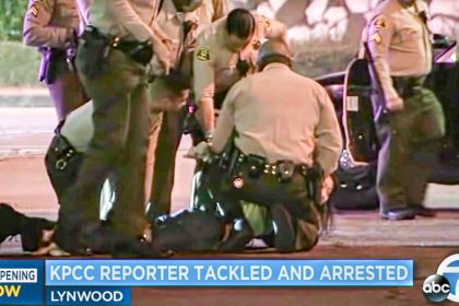 LA Sheriff Settlement. KPCC Reporter Josie Huang being held on the ground by LA County Sheriff’s deputies, as she’s being arrested while covering a protest in 2020. Credit: Screen Capture from KABC-TV