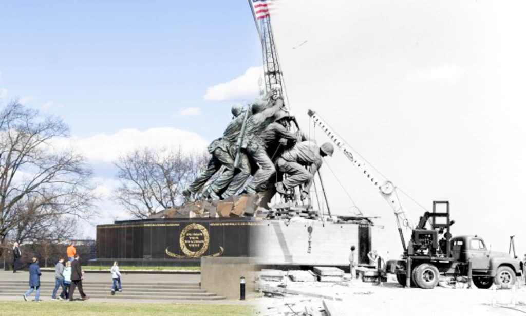 November 10. This photo illustration is a combination of two photographs, digitally joined during post processing. The image on the right, shows the Marine Corps War Memorial in Arlington, Va., under construction in September 1954. The color image on the left was taken in a similar location March 30, 2015.
Credit:  U.S. Army
