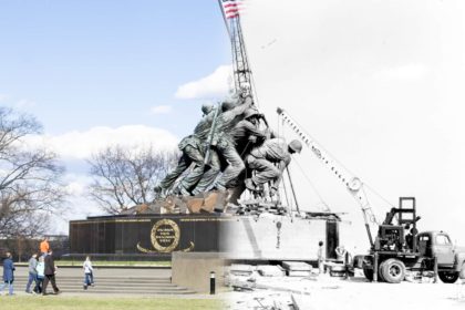 November 10. This photo illustration is a combination of two photographs, digitally joined during post processing. The image on the right, shows the Marine Corps War Memorial in Arlington, Va., under construction in September 1954. The color image on the left was taken in a similar location March 30, 2015. Credit: U.S. Army