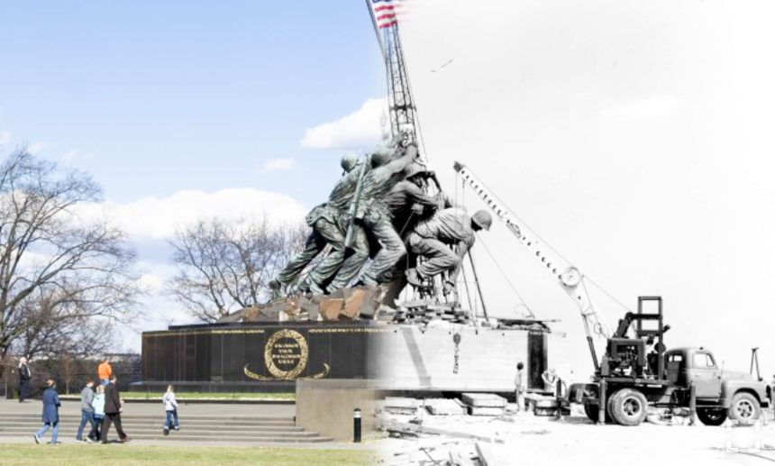November 10. This photo illustration is a combination of two photographs, digitally joined during post processing. The image on the right, shows the Marine Corps War Memorial in Arlington, Va., under construction in September 1954. The color image on the left was taken in a similar location March 30, 2015. Credit: U.S. Army
