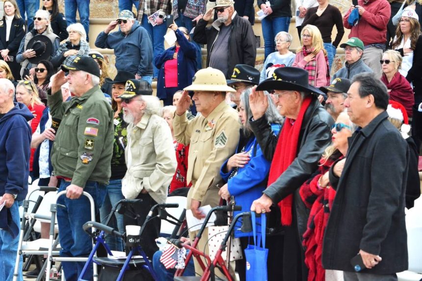 Veterans and attendees salute the Flag last Thursday, Dec. 7, 2023, during the Lake Norconian Club’s 17th Annual Pearl Harbor Commemorative Ceremony at George Ingalls Veterans Memorial Plaza in Norco. Credit: Photo by Gary Evans