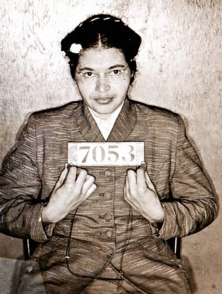 December 1. Rosa Parks’ Montgomery, AL booking photo in 1955, after refusing to surrender her seat to a white passenger on a public bus.  Credit:  Public Domain