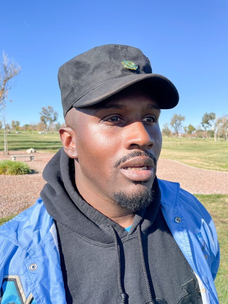 Army veteran Roymel Lajames Brooks of Barstow found comfort and brotherhood when he joined the military fraternity, Mu Beta Phi, which participated in the wreath-laying on Saturday. Credit: Photo by Don Ray