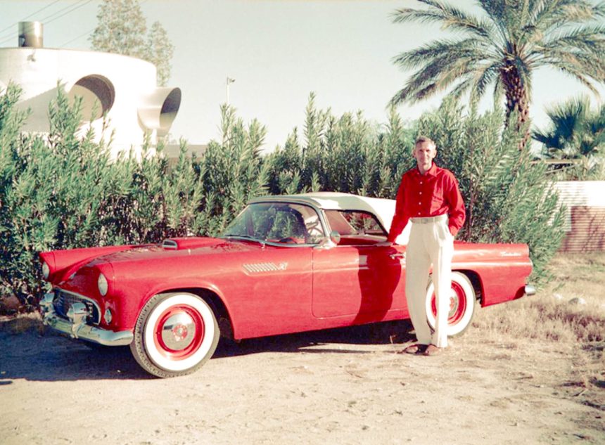 Albert Frey Exhibition. Albert Frey in front of his Ford Thunderbird circa 1955 Credit: Palm Springs Art Museum, Photographer unknown