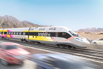 High-Speed Rail. Brightline West. Conceptual rendering of proposed high-speed line in the median of I-15 between the IE and Las Vegas Credit: Courtesy Brightline West