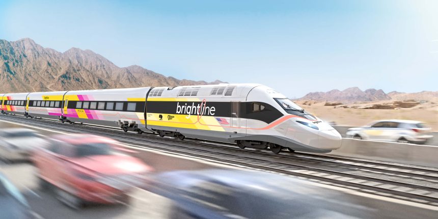 High-Speed Rail. Brightline West. Conceptual rendering of proposed high-speed line in the median of I-15 between the IE and Las Vegas Credit: Courtesy Brightline West