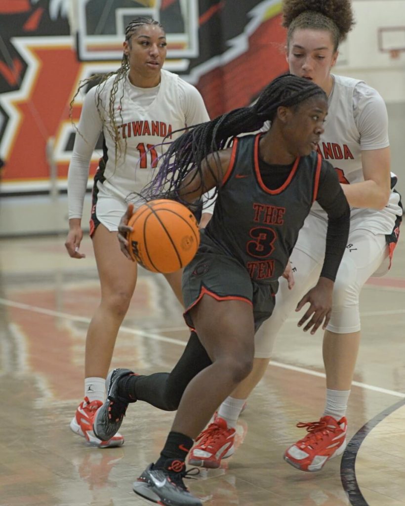 Corona Centennial’s Aniyah Offutt drives to the basket against Etiwanda in a 90-38 loss at Etiwanda in a CIF Open Division playoff game Saturday.
Credit: Photo by Jerry Soifer
