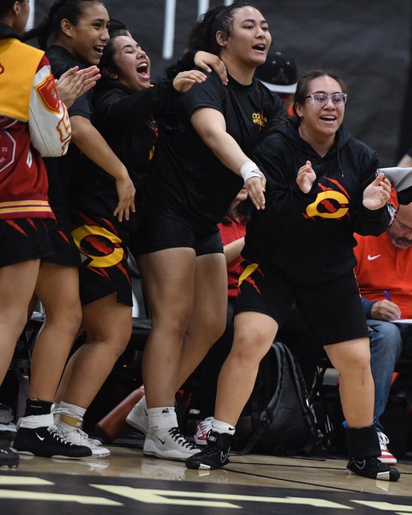 Corona High School Sports Featured Photos and Scoreboard 2-2-24. Corona girls’ wrestling team is fired up as the Panthers closed the gap on Covina Northview only to lose in the CIF dual meet championship. Photo by Jerry Soifer