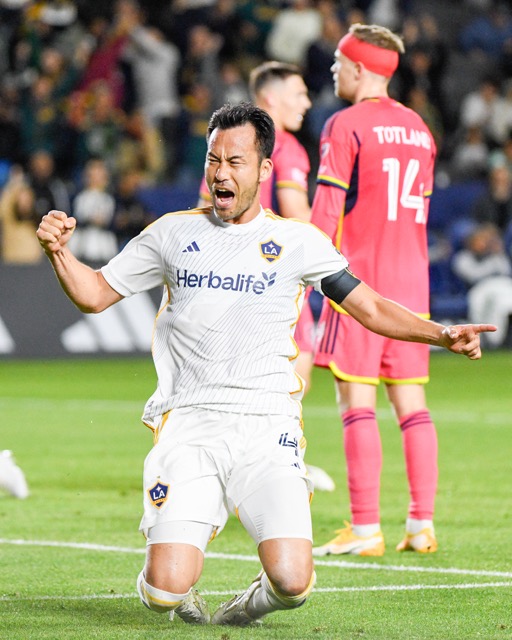 LA Galaxy star Maya Yashido celebrates a late goal that helped his team tie St. Louis City, 3-all, at the Dignity Health Sports Park in Carson Saturday. Yashido scored on a leaping header. 
Credit: Photo by Jerry Soifer
