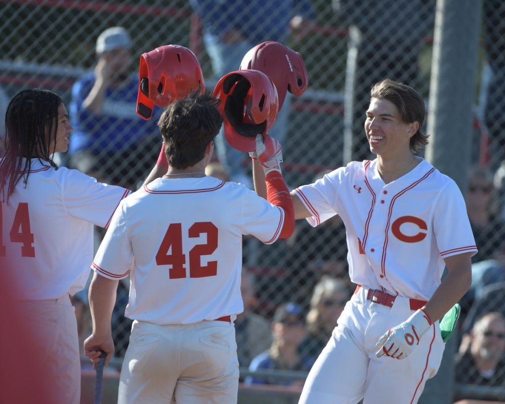 Corona's Seth Hernandez celebrates his three-run homer in the Panthers 13-3 win over Norco on Monday.
