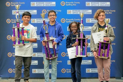 Riverside County Spelling Bee 2024. (From L to R) Third place finisher Profess Adhikari, first place finisher Avijeet Randhawa, second place speller Victoria Michael-Taiwo, and fourth place competitor Ryan Scott.
