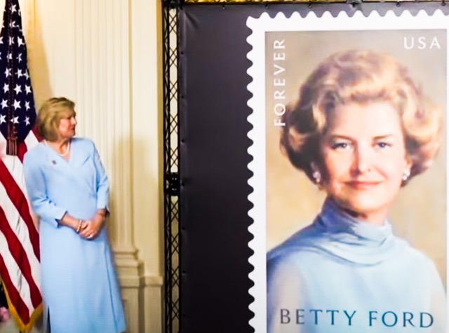 Betty Ford Stamp - Susan Ford Bales (L) looks on as the new stamp honoring her mother, former First Lady Betty Ford is unveiled at the White House last month.