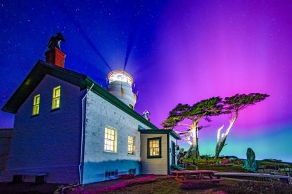 Northern Lights. Lantern room of Battery Point Lighthouse, Crescent City, CA with aura of aurora visible on the horizon. Credit: Photo by David Zapatka, https://www.starsandlighthouses.com/