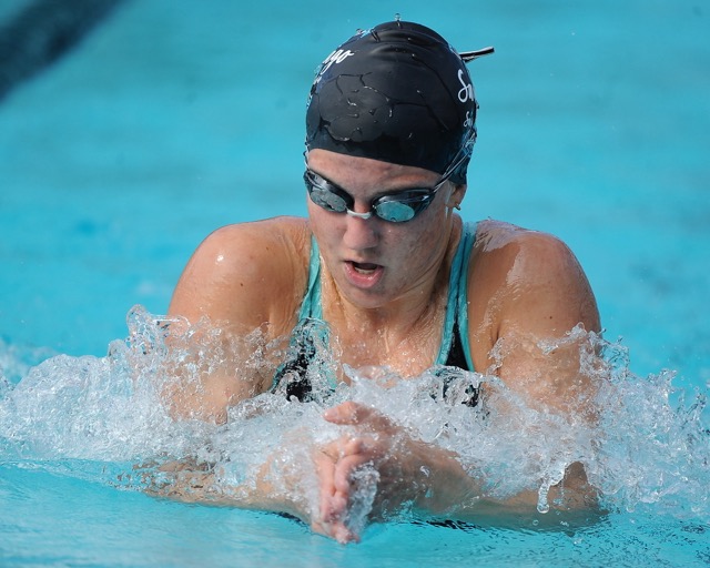 Corona Santiago's Brinley Knoll competes in the breaststroke lap while winning the 200-yard individual medley event at the Big VIII League swimming finals last Thursday at Santiago.