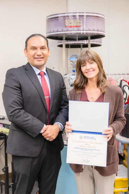 Riverside County Superintendent of Schools, Dr. Edwin Gomez and 2025 MUSD Teacher of the Year Misty McBee