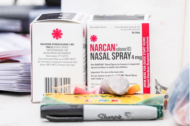 Naloxone. Narcan nasal spray containers available at a rally at the First Street U.S. Courthouse in Los Angeles on April 22, 2024. 
Credit: Photo by Ted Soqui for CalMatters
