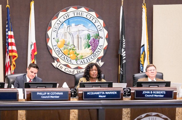 From left to right, Councilmember Phillip Cothran, Mayor Acquanetta Warren and John B. Roberts during a Fontana City Council meeting at Fontana City Hall on May 14, 2024. 
Credit: Photo by Ted Soqui for CalMatters
