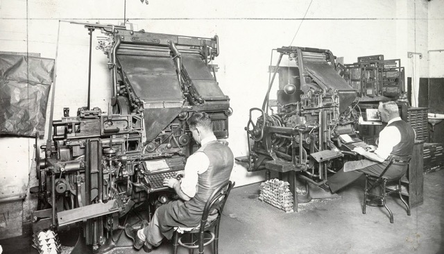 Newspapers stopped using the “hot type” linotype machines in the late 1970s and early 80s, first replaced by phototypesetting and now computerized digital typesetting.
Credit: State Library of New South Wales
