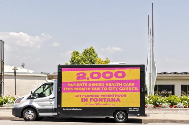 A truck with information in support of Planned Parenthood was parked outside Fontana City Hall on May 14, 2024. 
Credit: Photo by Ted Soqui for CalMatters
