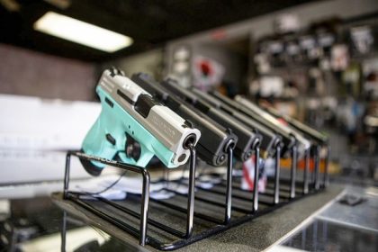 Handguns on display at a gun shop in Fresno County on March 15, 2023. Credit: Photo by Larry Valenzuela, CalMatters/CatchLight Local