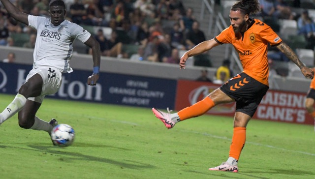 The Orange County Soccer Club's Christian Sorto scores a a goal late in his team's 4-0 win against visiting Memphis. 