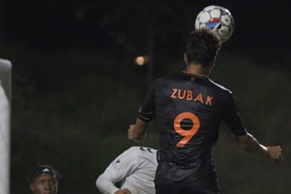 Corona Santiago grad Ethan Zuback, a forward for the Orange County Soccer Club, shoots a header against visiting El Pl Paso in a USL game at Great Park in Irvine but the ball flew over the net. El Paso won, 1-0.