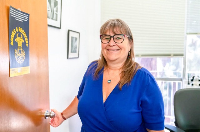 Stephanie J. Lake, M.Ed, LAADC, in her private office on the second floor of the Cowell Building, where Counseling Services support the 40,000+ UC Davis student body. Aug. 1, 2024. Photo by Louis Bryant III for CalMatters