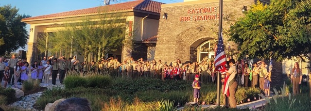 9/11 Memorial Photos. Scouts from Pack 2017, Troop 2017G, 2017B, 2012, 251, Crew 2017, Girl Scout Troop 2030, and American Heritage Girls Unit 3234 were on hand to present the Colors and honor the fallen during the 9/11 Remembrance Ceremonies in Eastvale Wednesday. Photo by Gary Evans