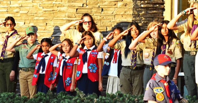 Scouts from Pack 2017, Troop 2017G, 2017B, 2012, 251, Crew 2017, Girl Scout Troop 2030, and American Heritage Girls Unit 3234 were on hand to present the Colors and honor the fallen during the 9/11 Remembrance Ceremonies in Eastvale Wednesday. Photo by Gary Evans