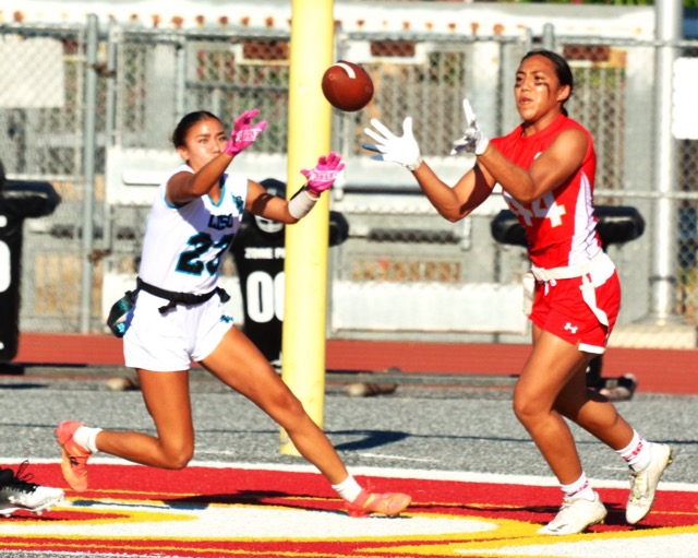 Corona’s Jestinah Solomua (44, right) intercepts a pass in the end zone intended for Aliso Niguel’s Alaina Villa (23, left). Aliso defeated the Panthers 12 – 0.