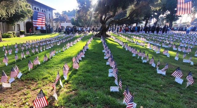 Flags honoring the thousands of lives lost in the multiple attacks committed by commandeering highjacked commercial airplanes on September 11, 2001, were placed on the Corona Civic Center lawn on 6th Street by volunteers before Wednesday’s remembrance ceremony. Photo by Gary Evans