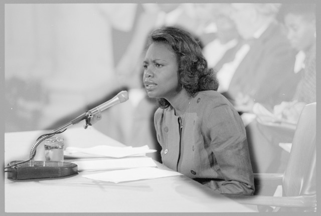 Photo: Anita Hill Caption: Anita Hill testifies in front of the Senate Judiciary Committee during Clarence Thomas Supreme Court confirmation hearings in which Hill said Thomas sexually harassed her.  Credit: Library of Congress. October 11